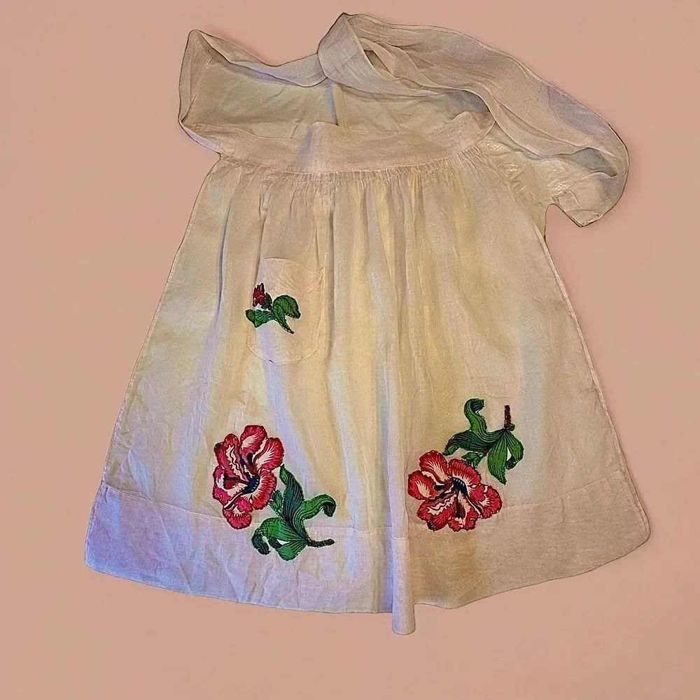 Vintage Pale Pink Sheer Cotton half apron embellished with floral patches